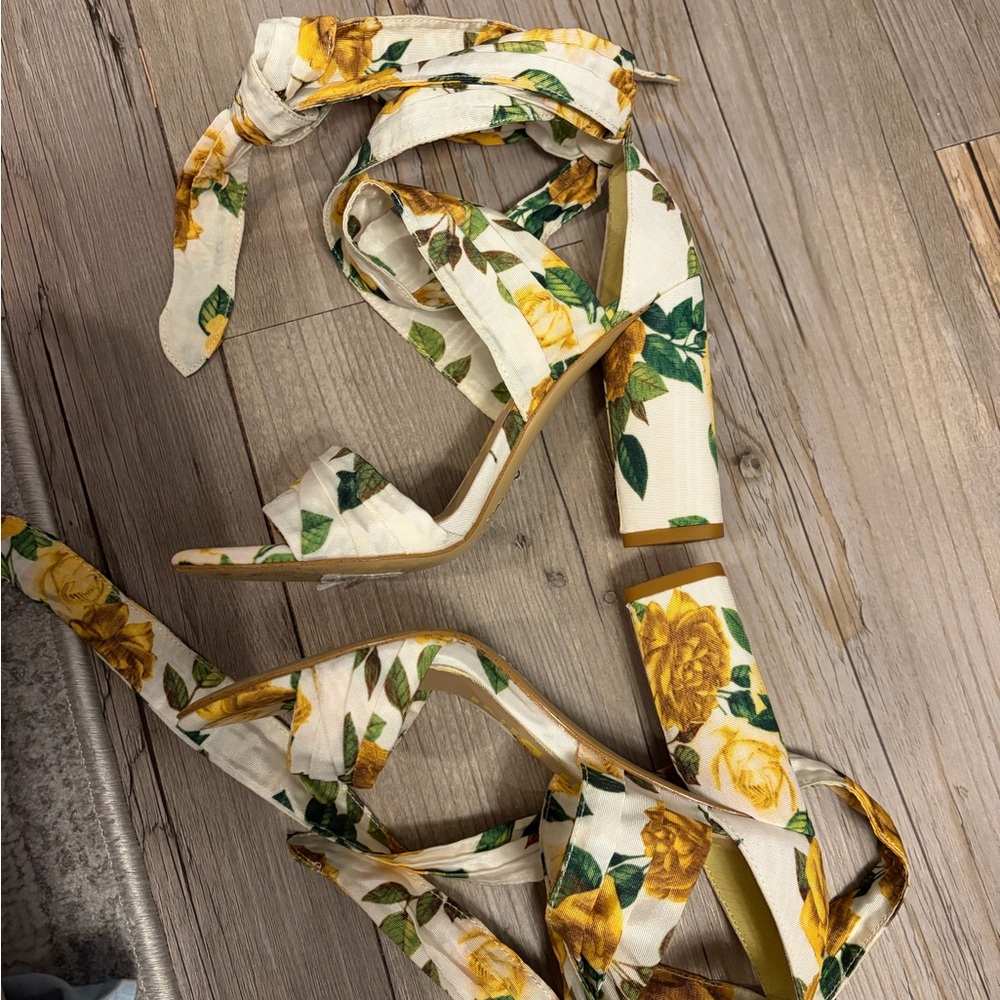 Gianni Bini Floral Wrap Heels - Cream and Yellow